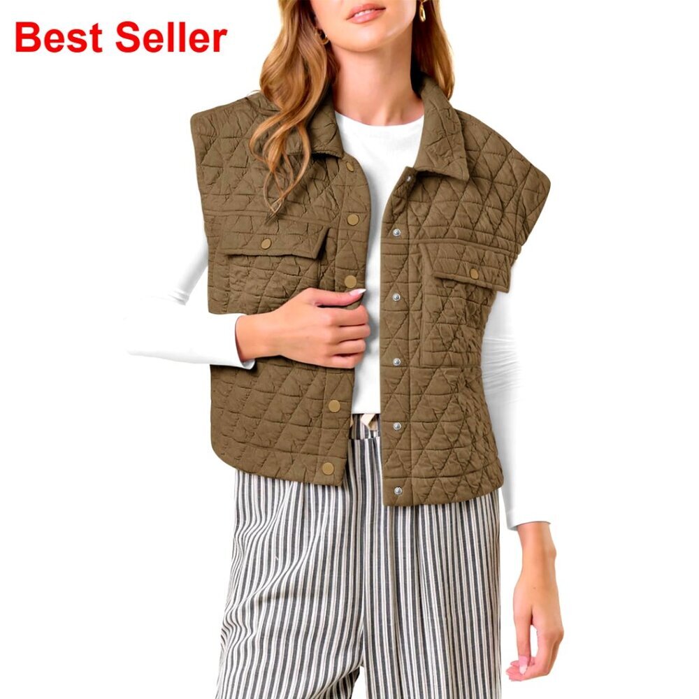 Women's Quilted Puffer Vest Sleeveless Jacket Button Down Collar Pockets